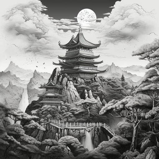 Black and white pagoda depicting mountains