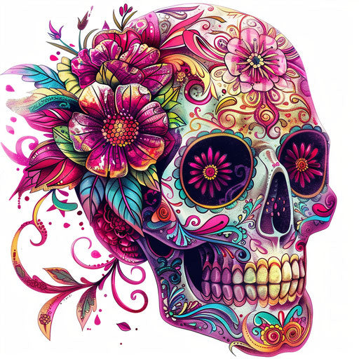 Traditional Mexican skull with vibrant flowers and intricate patterns