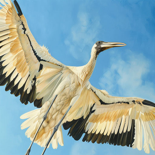 Close-up of a wood stork in flight, wings spread wide
