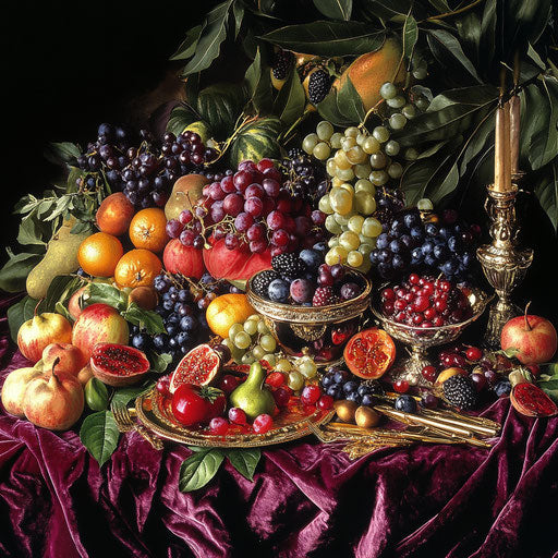 A cornucopia of rare and exotic fruits overflowing onto a luxurious velvet tablecloth, surrounded by opulent gold and silver cutlery.