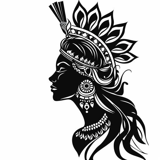 Cleopatra's profile tattoo stencil with a crown of lotus, monochrome on white