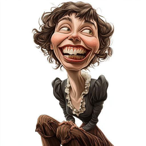 Humorous caricature of a clipart caricature of Jane Austen with human characteristics, exaggerated big teeth, muscular legs, rough edges, vibrant colors, cartoon style, laughing, high resolution, no background, isolated