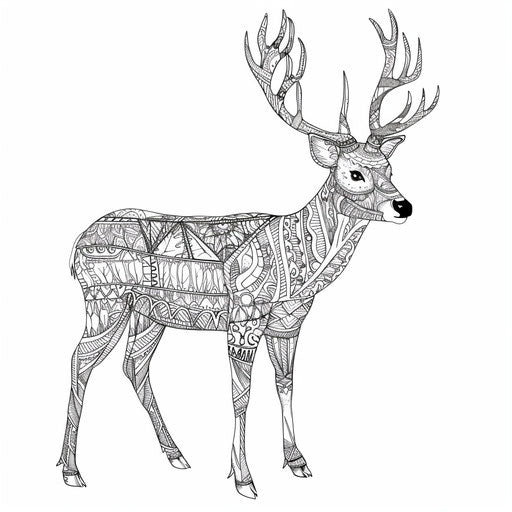 Deer with intricate tribal patterns, coloring book page