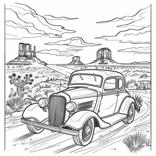 Desert road with vintage car - Coloring book page