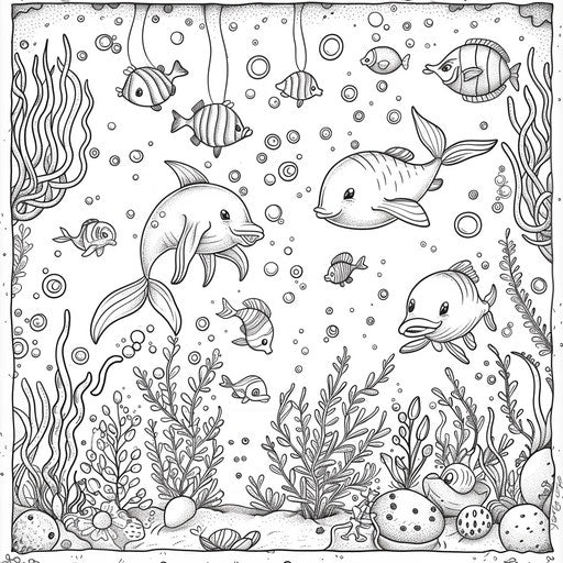 Underwater scene with cute sea creatures in the style of Teagan White coloring book page