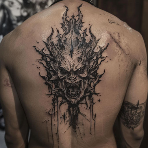 Tattoo of eerie demonic faces representing conquered inner demons