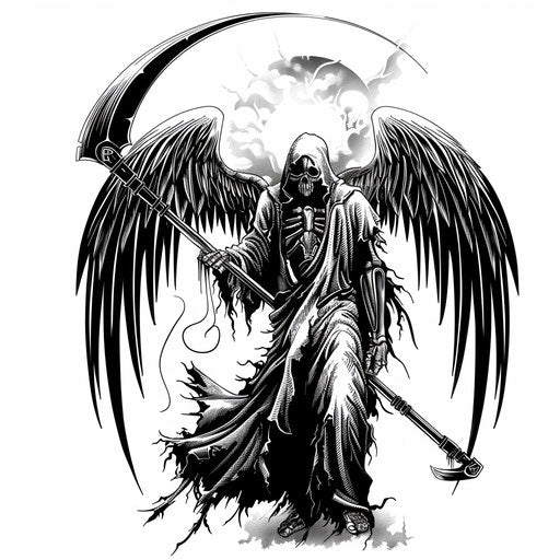 The angel of death with a scythe, tattoo sketch in black and white