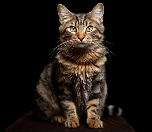 Cat sitting in Lyon on black background, rich textures