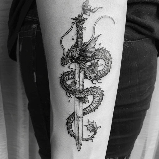 Black ink tattoo of a dragon wrapped around a sword, on a white canvas