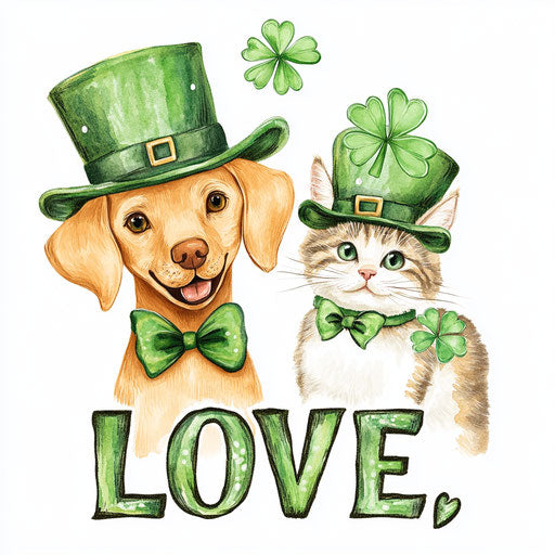 St. Patrick's Day, cute Labrador Retriever dog and cat wearing green hats with clovers, on white background with no shadow.