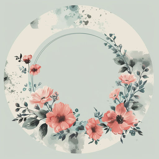 Round logo with floral wreath on soft pastel background