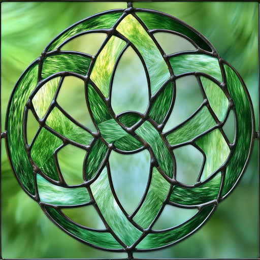 Stained glass with Celtic triquetra motifs in shades of green, symmetrical design