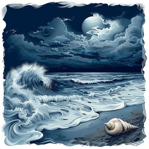 Dramatic tattoo sketch of stormy sea with lone shell on beach