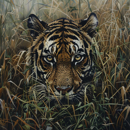 Tiger camouflaged in a field of tall grasses, piercing eyes