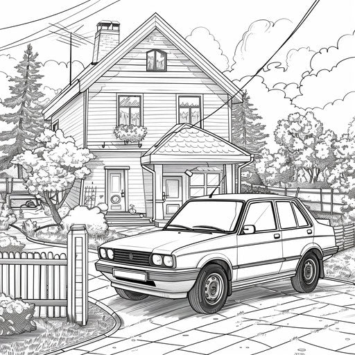 Car in front of suburban house with garden