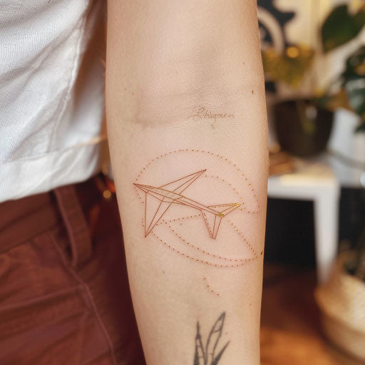 Elegant sketch of a paper airplane with fine details in gold ink