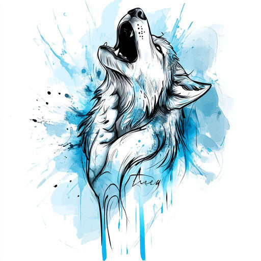 Hand-tattooed wolf in clipart style with blue and grey watercolor
