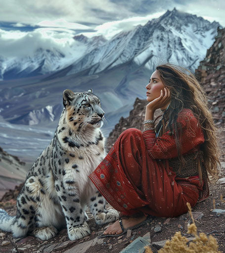 Girl sitting with snow leopard in Himalayas, nat geo photo