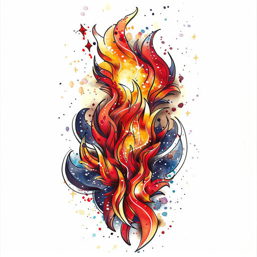 Surrealistic flame tattoo design blending with cosmic elements