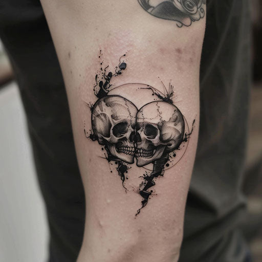 Couple tattoo with intertwined gothic skulls