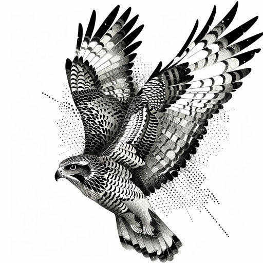 Stylized hawk tattoo illustration, blending abstract art and dotwork, on stark white backdrop.