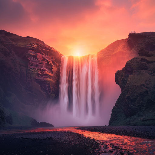 Skogafoss waterfall with stunning mist and sunset glow