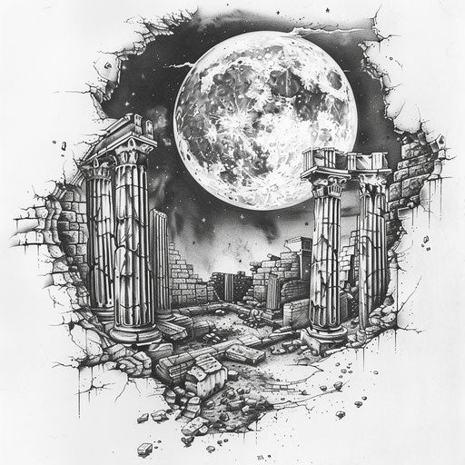 A historical flat tattoo sketch of a full moon with ancient ruins and Greek columns, in classical style
