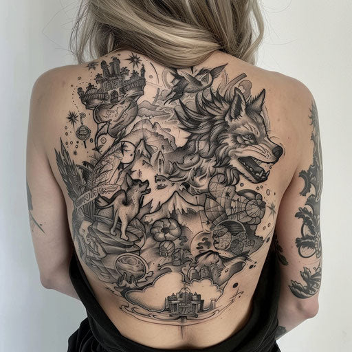 Cosmic back tattoos for women with mythical elements