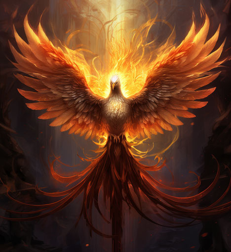 The fiery bird rising with spread wings