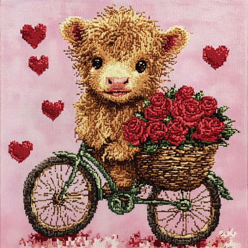 Adorable Highland cow on a bike with a basket of red roses, surrounded by hearts, on a pink background. Detailed cross-stitch pattern.