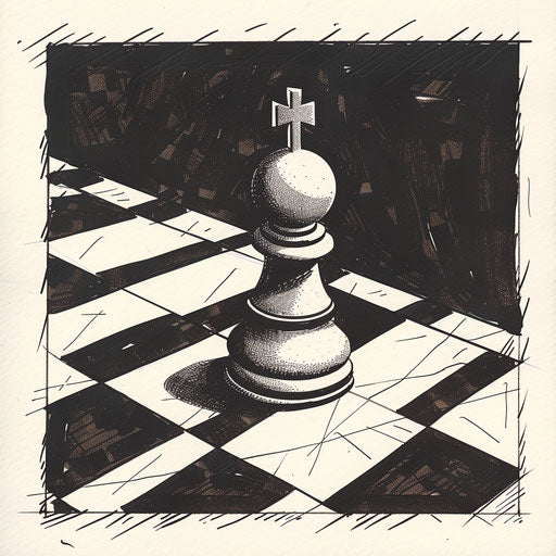 Playful pawn reaching end of chessboard, cartoonish style