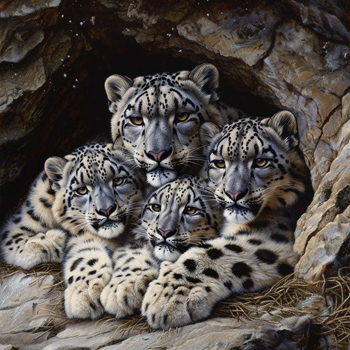 Family of snow leopards cuddled together in a cozy den