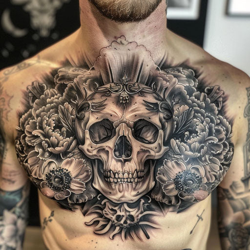 Realism tattoos of a detailed skull on the chest