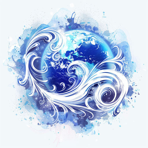 Dynamic flat tattoo sketch of a globe with swirling wind patterns, vivid whites and blues, clipart style