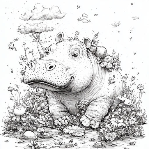 Whimsical hippo with magical creatures and gentle ambiance