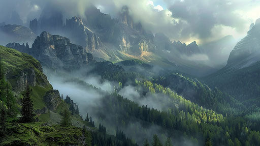 Dolomites massive mountain range with dramatic light and misty valley