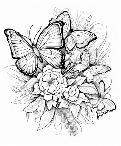 Butterfly coloring page in a bouquet, delicate flora style 5:6