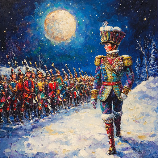 The Nutcracker prince leads a parade under the moon
