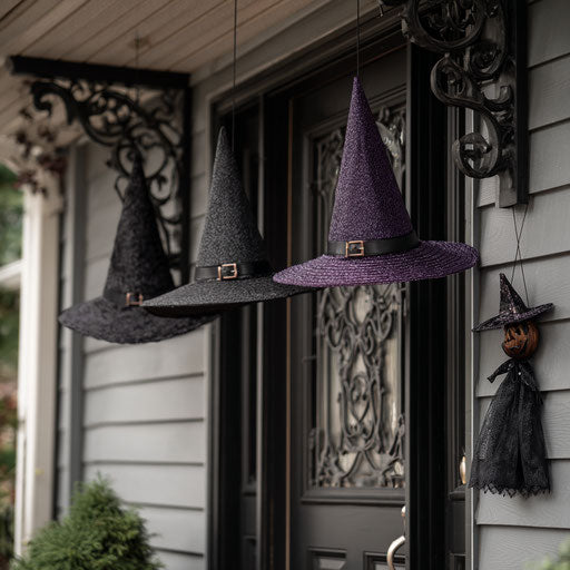 Welcoming Porch with Hanging Witch Hats