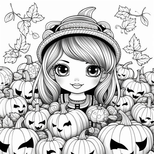 Adult coloring page of a cute girl with pumpkins