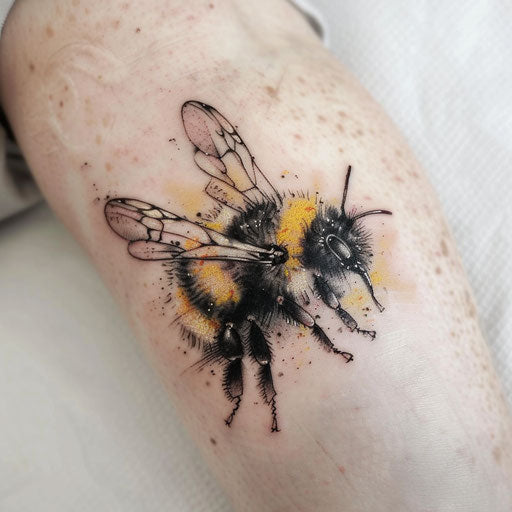 Whimsical bee tattoo, fantasy elements on white background