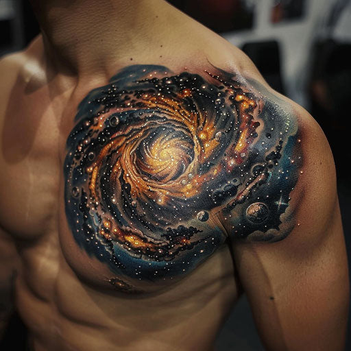 Cool tattoos for men with cosmic explosion on shoulder