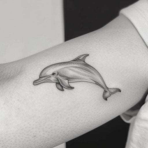 Small delicate dolphin tattoo on clean white background