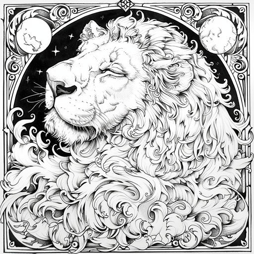 Peaceful lion in a serene setting - Coloring book page