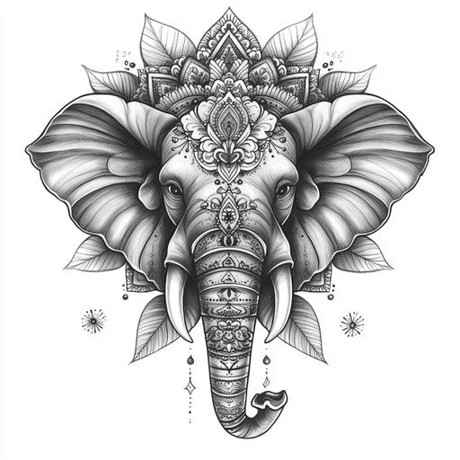 Small elephant tattoo with intricate mandala in grayscale