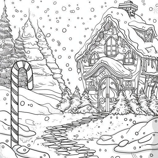Candy cane house in a snowy landscape