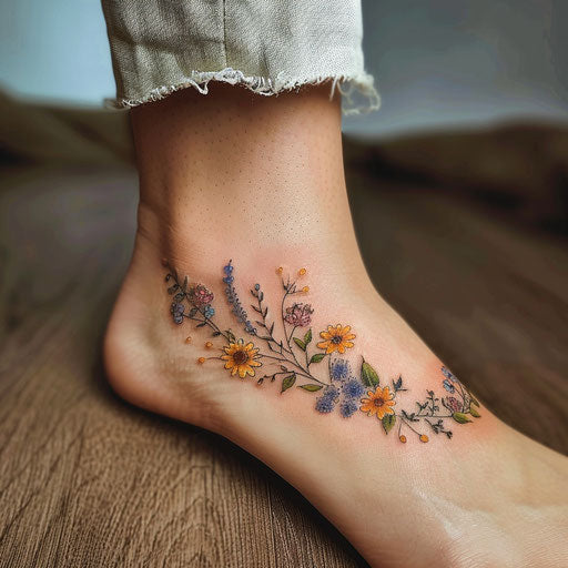 Wildflower ankle bracelet tattoo with delicate blooms