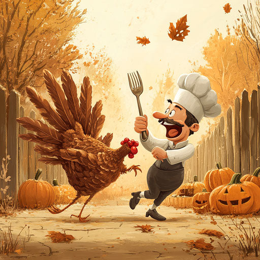 Playful turkey running from chef with giant fork