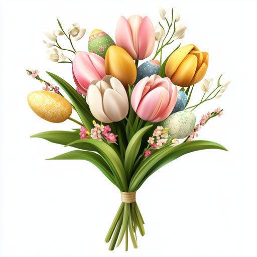 3D Easter Flowers on flat white background, isolated clipart