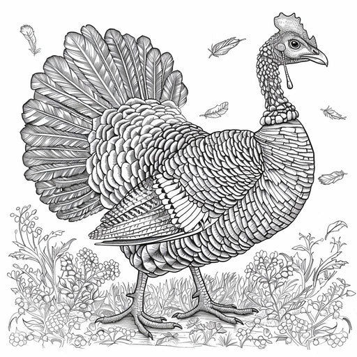 Intricate turkey in meadow, feather patterns, coloring book